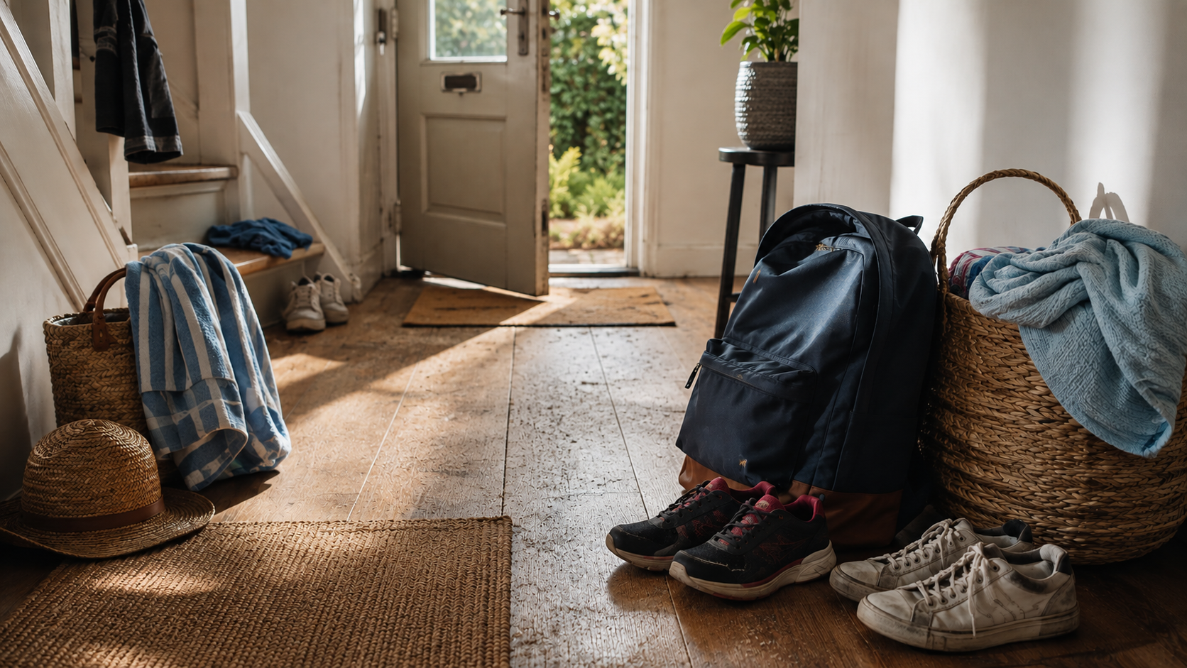 A lived-in family hallway at the end of the summer holidays, with a school bag, children's trainers and summer items by the door.