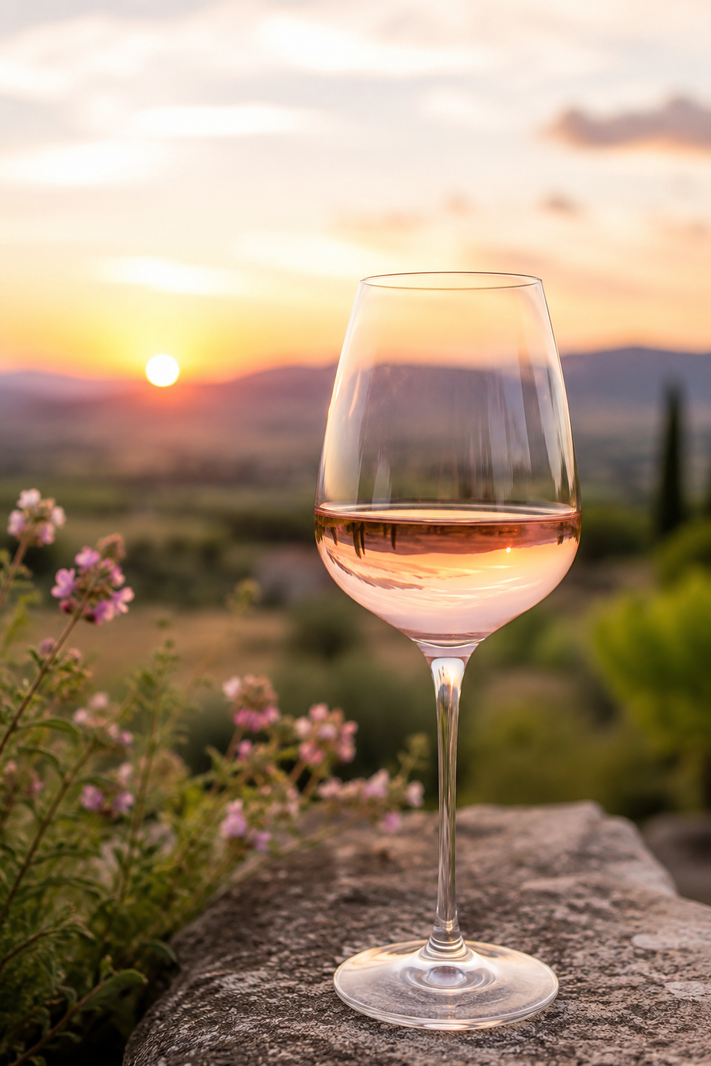 Glass of rose wine in a thin stemmed wine glass, set against a golden sunset backdrop.