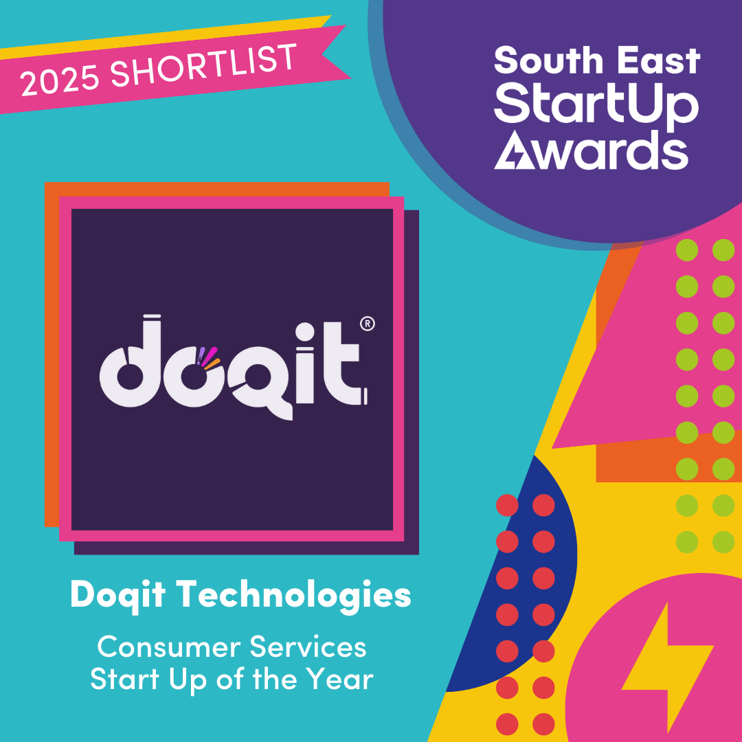 Image is a brightly coloured square with pink and yellow graphics. The doqit logo is in a dark box. Top right hand corner is a pink flash saying 2025 shortlist.