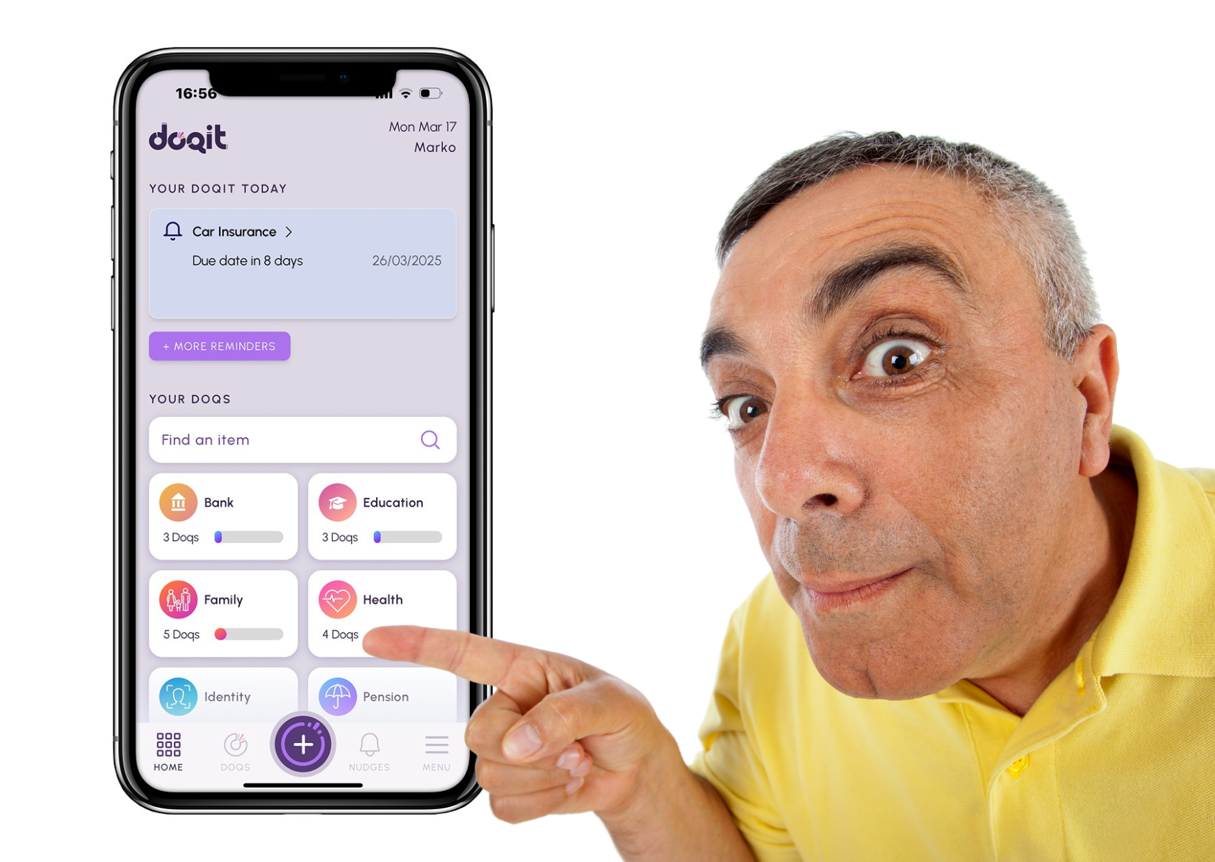 A man in a yellow shirt excitedly points at a smartphone displaying the doqit app. The app shows reminders, including a car insurance due date and categorised tasks like 'Health' with '4 Doqs'. The background is plain white.