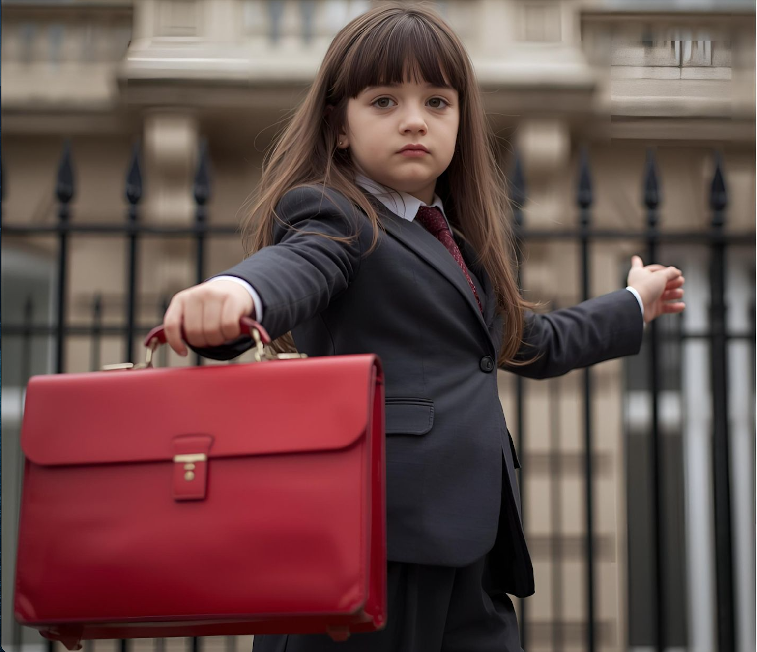 Image shows young girl with long dark hair wearing a business suit. She has a Victorian building behind her. In her outstretched right arm she is holding a red briefcase.